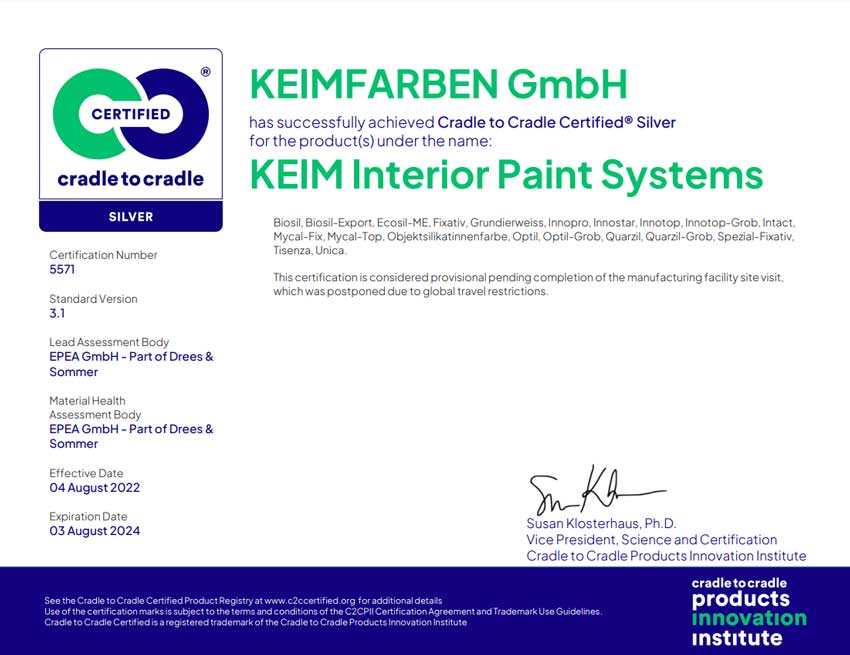 Innostar KEIM Farben Zertifikat - cradle to cradle silver